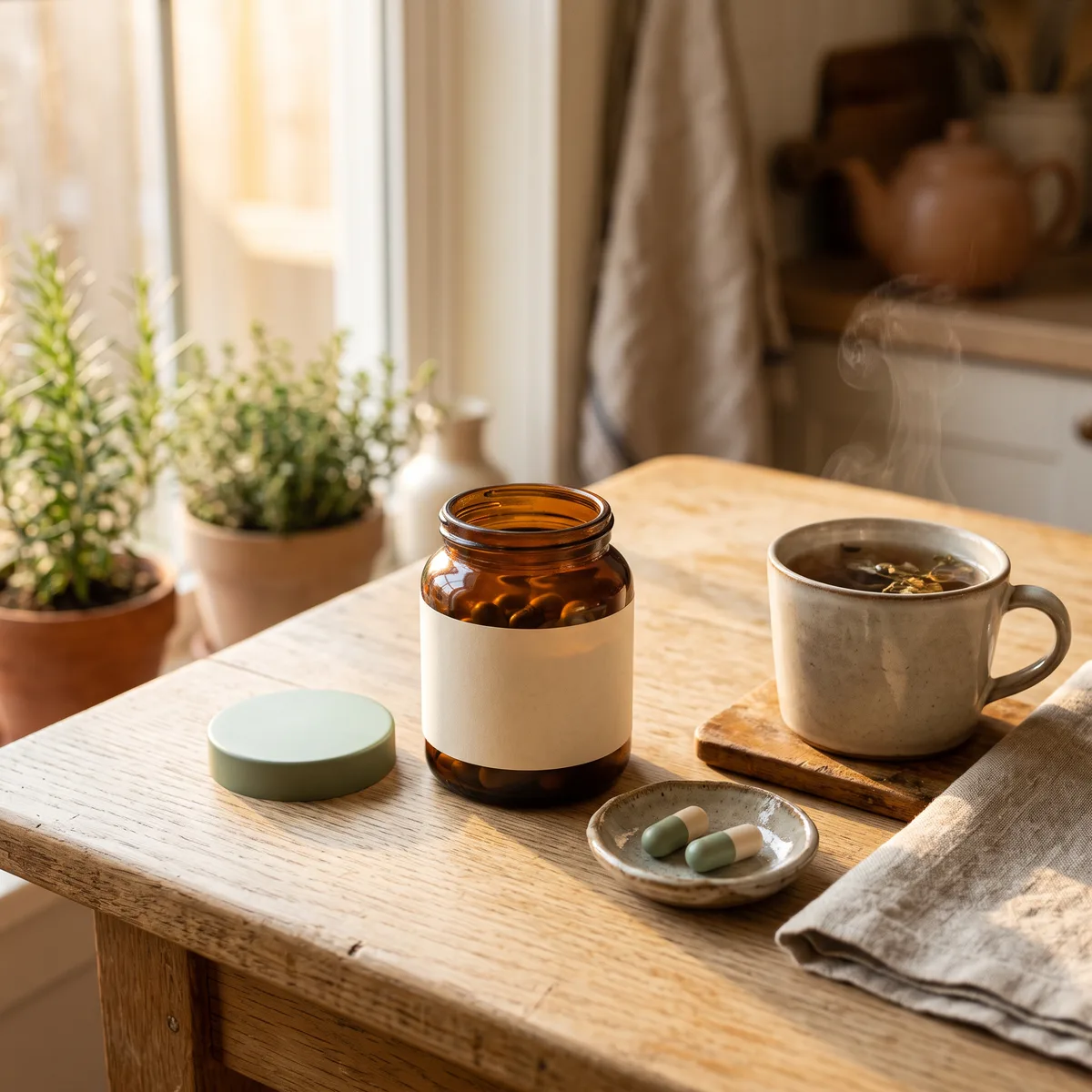 Late sun across a kitchen table: an opened amber jar, a mug of tea and two capsules on a saucer