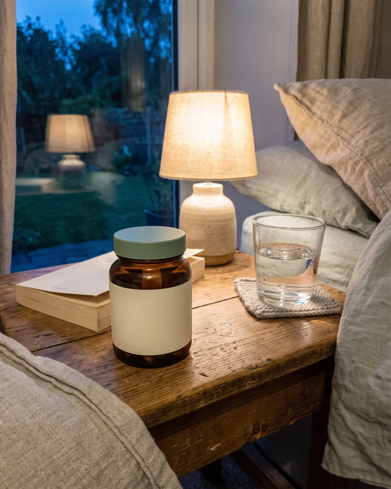 A lit lamp, a paperback and a glass of water beside an amber jar on a wooden side table at dusk