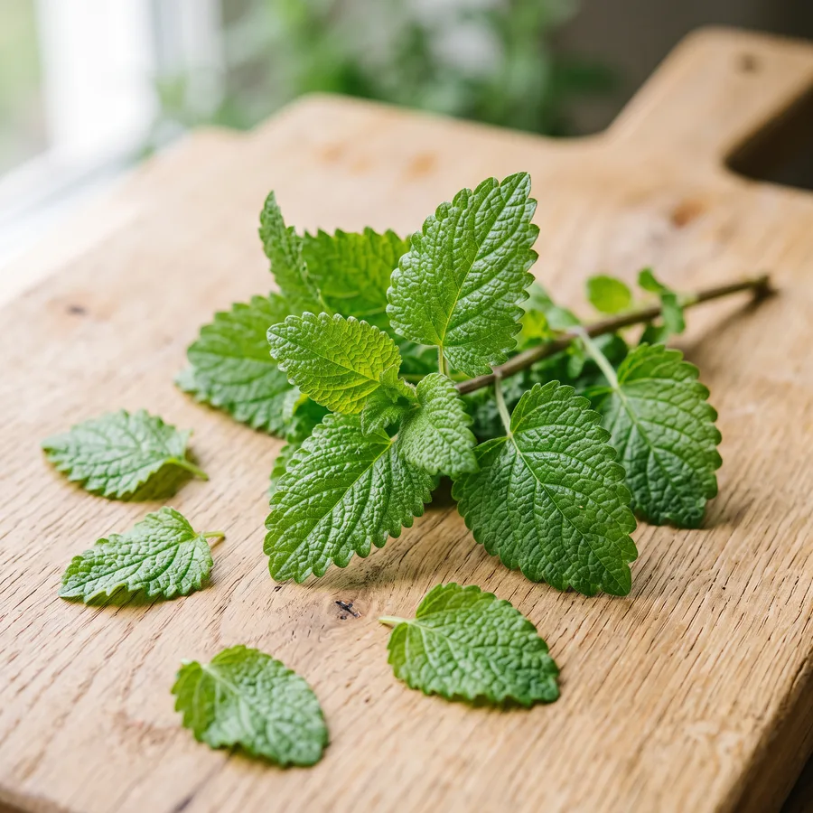 Fresh lemon balm sprigs on a wooden board