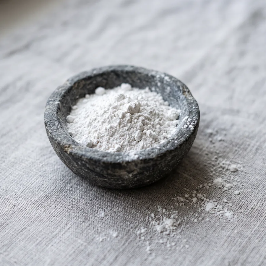 Fine white powder in a dark stone bowl on grey linen