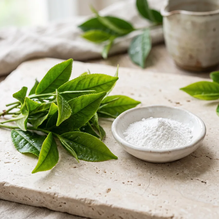 Fresh tea leaves next to a small white dish of crystalline powder