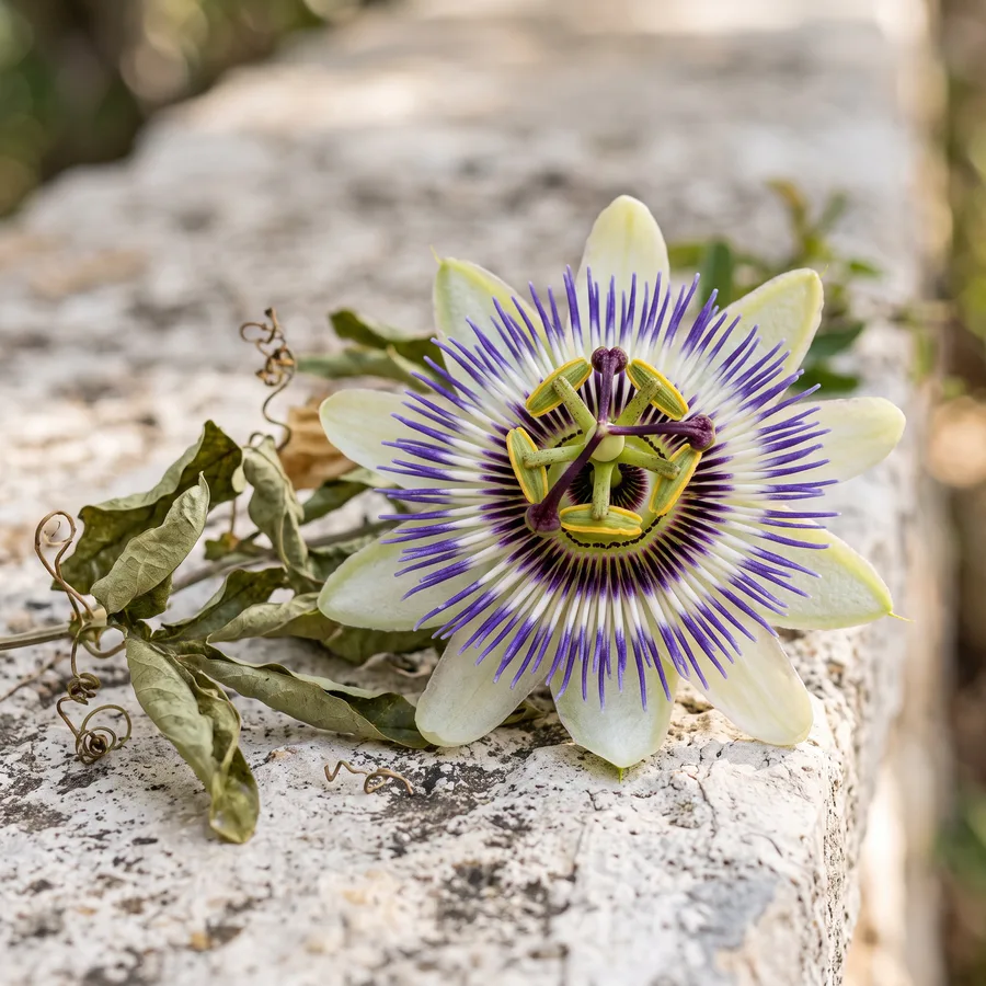 A purple and white passionflower bloom beside dried leaves